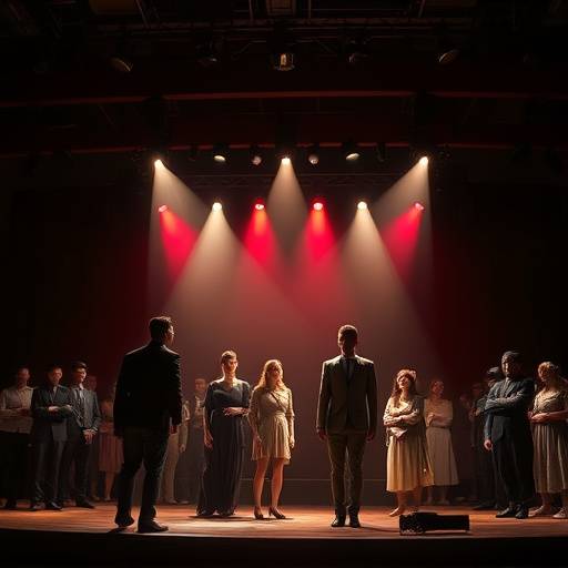 Group of actors on stage during a performance, bathed in dramatic lighting