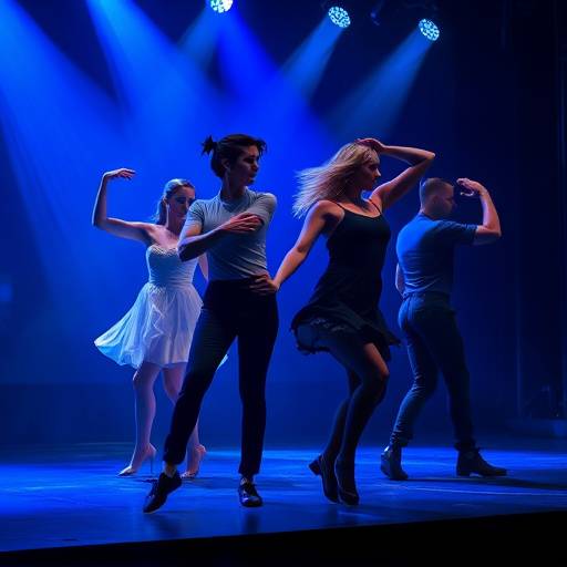 Student dancers performing a contemporary dance routine on stage, bathed in blue light