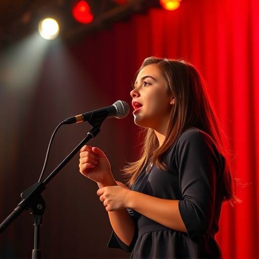 Student singer performing a solo on stage with a microphone